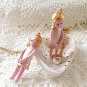 mat porcelain pink and gold doll Emma long necklace, miniature doll pendant, ceramics doll pendant necklace