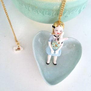 Alice in Wonderland necklace, porcelain doll long necklace  with beautiful details and her rabbit, all handmade, is the perfect gift