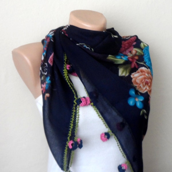 blue scarf purple  flower green brown navy blue cotton turkish yemeni oya handmade