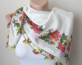 white scarf  floral print scarf cotton yemeni scarf oya scarf needle lace turkish