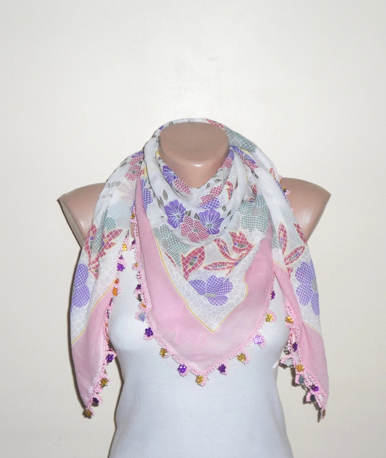 light pink scarf purple pink flower gree white cotton scarf | Etsy