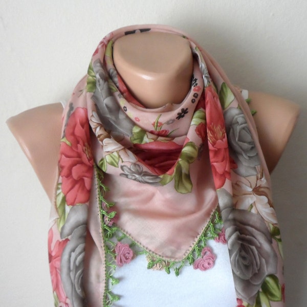 dried rose scarf pink roses flower green brown gray cotton turkish yemeni oya handmade