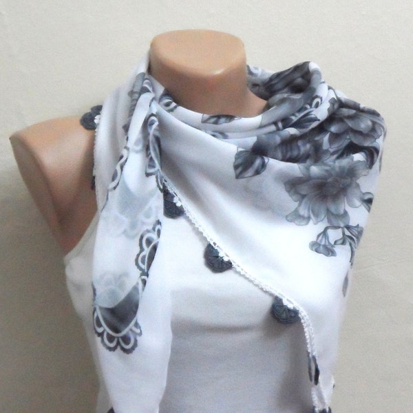 white scarf gray  flower black white cotton turkish yemeni oya handmade