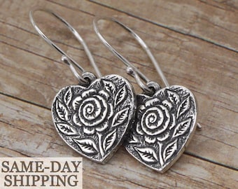 Artisan Sterling Silver Heart Earrings ~ Dangle Earrings ~ Handmade Jewelry Gift for Her ~ Gift for Women ~ Artisan Sterling Silver Earrings