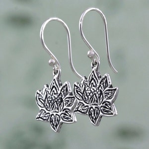 Sterling Silver Lotus Earrings, Silver Lotus Jewelry, Lotus Dangle Earrings, Lotus Flower Jewelry Gifts, Artisan Handmade Sterling Earrings image 2