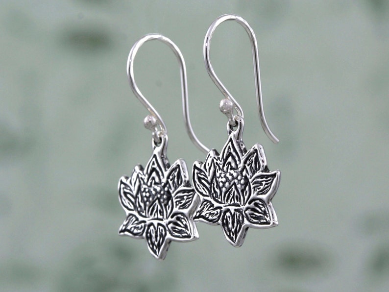 Sterling Silver Lotus Earrings, Silver Lotus Jewelry, Lotus Dangle Earrings, Lotus Flower Jewelry Gifts, Artisan Handmade Sterling Earrings image 2