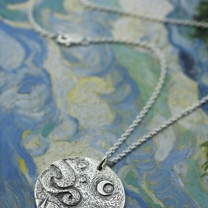 Artisan Sterling Silver Moon Pendant Necklace Starry Night Van Gogh Art Jewelry Gift for Her Silver Moon Necklace Silver Moon Jewelry image 3