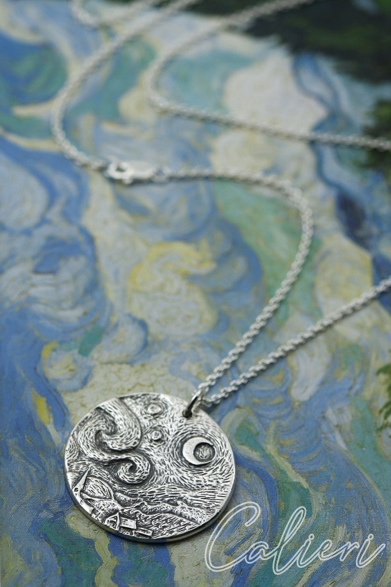 Artisan Sterling Silver Moon Pendant Necklace Starry Night Van Gogh Art Jewelry Gift for Her Silver Moon Necklace Silver Moon Jewelry image 3