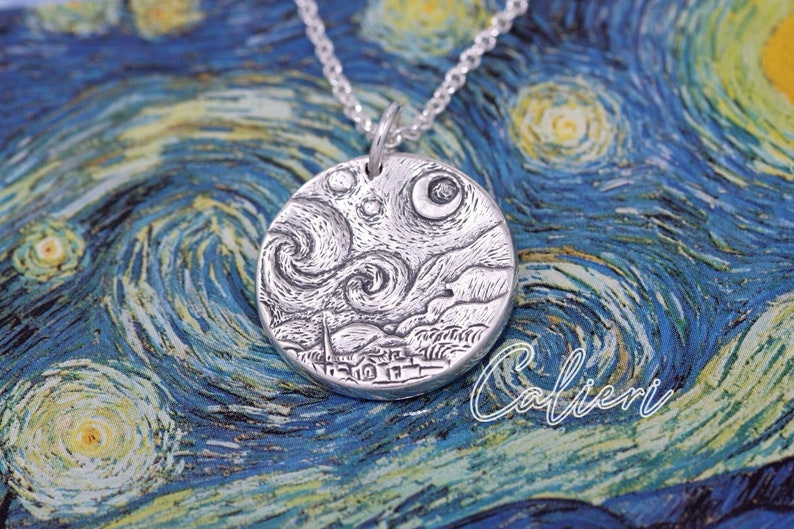 Artisan Sterling Silver Moon Necklace Starry Night Jewelry Gift for Her Van Gogh Art Jewelry Silver Moon Jewelry Moon Charm Necklace image 2