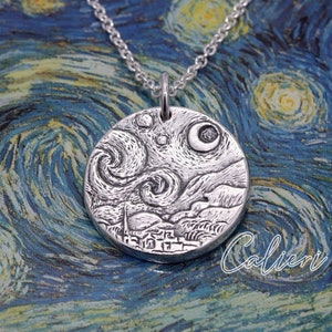 Artisan Sterling Silver Moon Necklace Starry Night Jewelry Gift for Her Van Gogh Art Jewelry Silver Moon Jewelry Moon Charm Necklace image 5