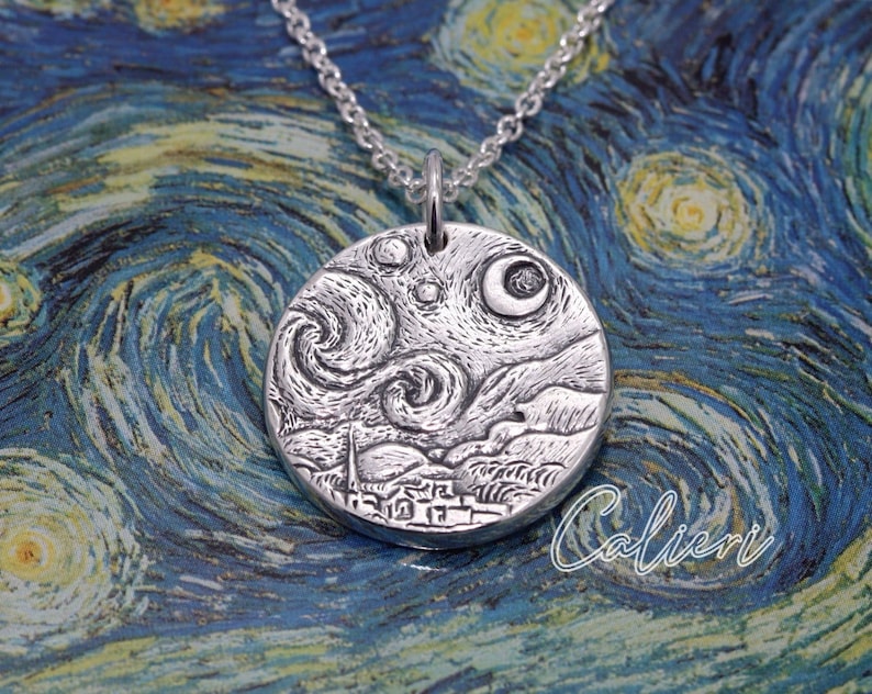 Artisan Sterling Silver Moon Necklace Starry Night Jewelry Gift for Her Van Gogh Art Jewelry Silver Moon Jewelry Moon Charm Necklace image 5