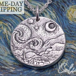 Artisan Sterling Silver Moon Necklace ~ Starry Night Jewelry Gift for Her ~ Van Gogh Art Jewelry ~ Silver Moon Jewelry ~ Moon Charm Necklace