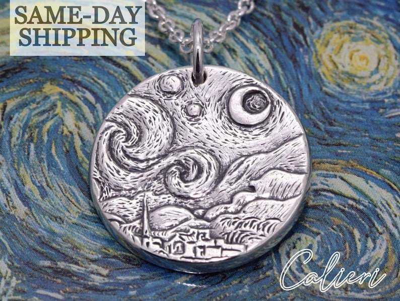 Artisan Sterling Silver Moon Necklace Starry Night Jewelry Gift for Her Van Gogh Art Jewelry Silver Moon Jewelry Moon Charm Necklace image 1