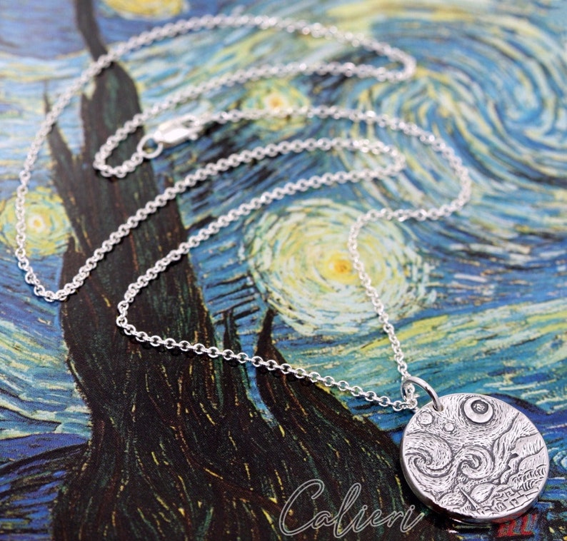 Artisan Sterling Silver Moon Necklace Starry Night Jewelry Gift for Her Van Gogh Art Jewelry Silver Moon Jewelry Moon Charm Necklace image 4