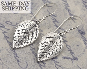 Artisan Sterling Silver Leaf Earrings ~ Calieri Original Earrings ~ Unique Jewelry Gifts for Her ~ Dangle Earrings ~ Artisan Silver Jewelry