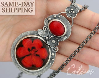 Crimson Bloom ~ Artisan Sterling Silver Pendant Necklace ~ Calieri Artisan Jewelry ~ Flower Necklace ~ One-of-a-Kind Statement Necklace