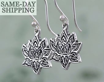 Sterling Silver Lotus Earrings, Silver Lotus Jewelry, Lotus Dangle Earrings, Lotus Flower Jewelry Gifts, Artisan Handmade Sterling Earrings