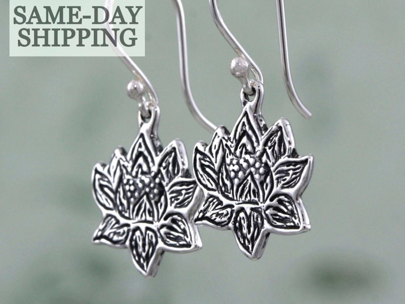 Sterling Silver Lotus Earrings, Silver Lotus Jewelry, Lotus Dangle Earrings, Lotus Flower Jewelry Gifts, Artisan Handmade Sterling Earrings image 1