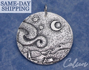 Artisan Sterling Silver Moon Pendant Necklace ~ Starry Night Van Gogh Art Jewelry Gift for Her ~ Silver Moon Necklace ~ Silver Moon Jewelry