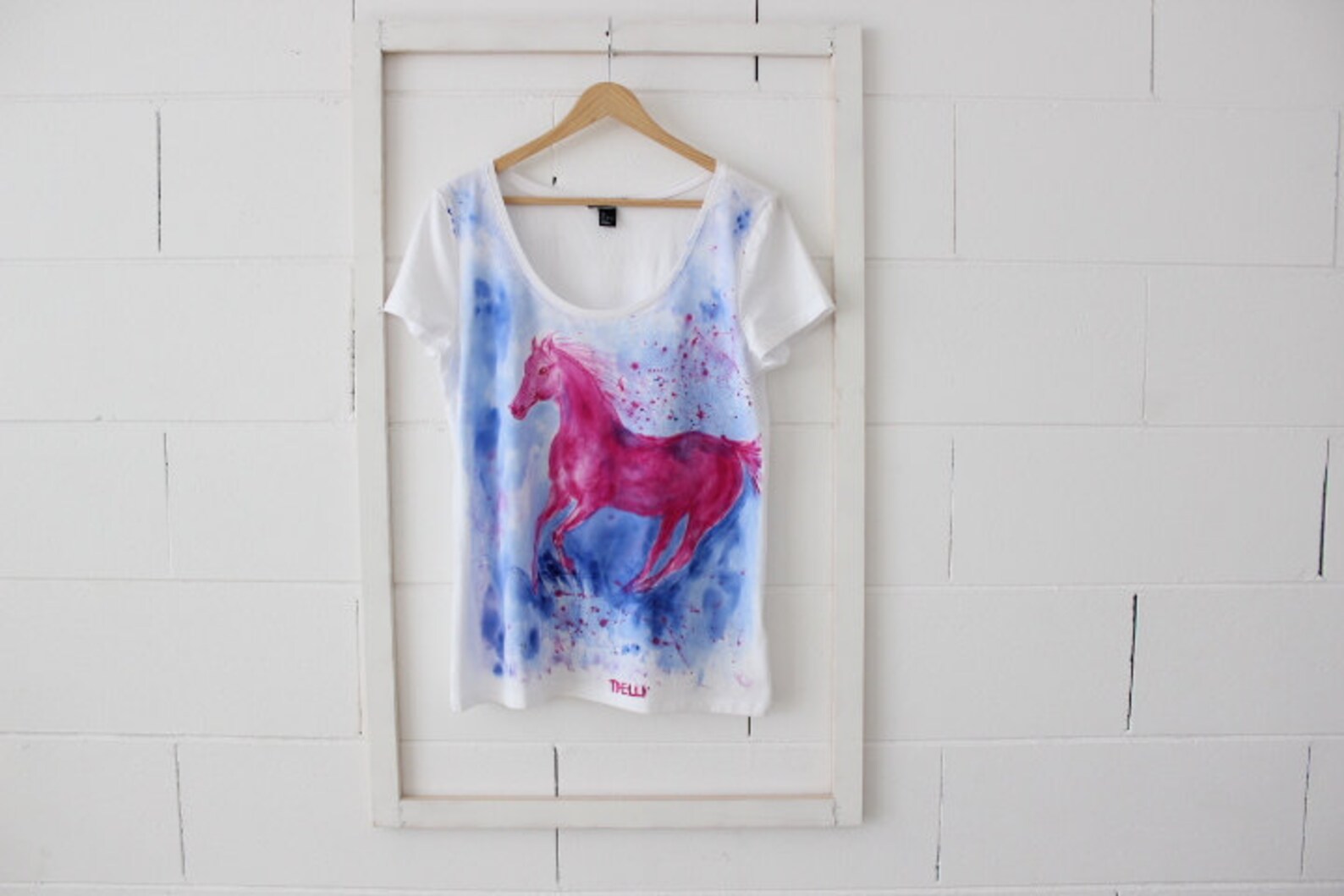 Hand Painted Horse Tshirt, Thelli Pink Horse Tshirt, Pink Blue Tshirt