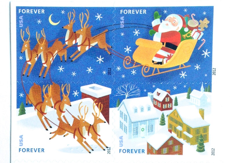 4 Christmas Forever Stamps Santa's Reindeer and Sleigh Etsy