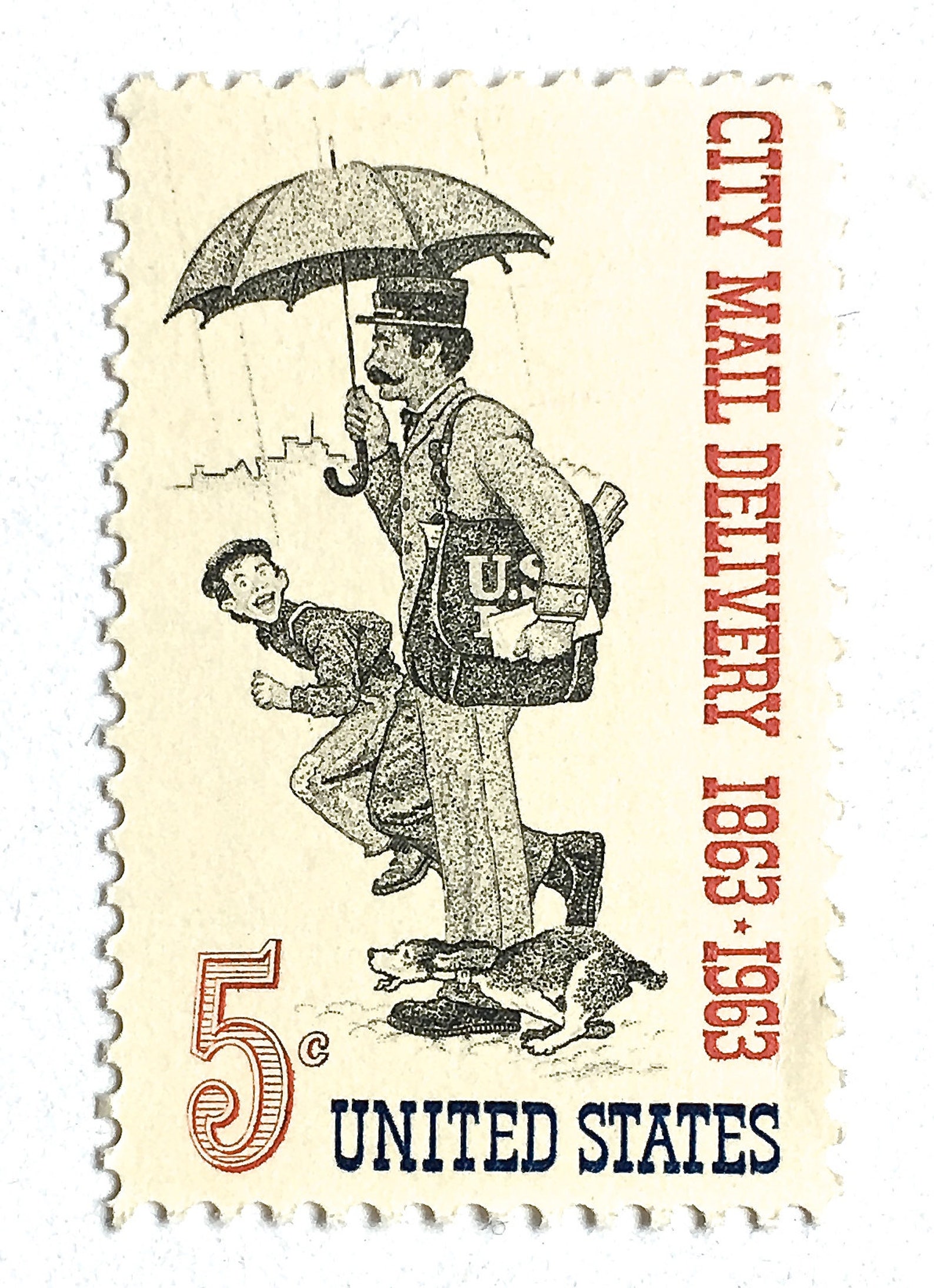 5 Vintage Mailman Letter Writing Stamps Unused City Mail