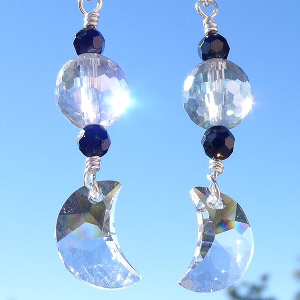 Celestial Quartz and Black Spinel Gemstone Earrings with Swarovski Crystal Moon Drops