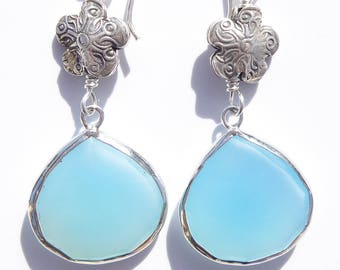 Blue Chalcedony Gemstone Teardrop Earrings with Sterling Flowers