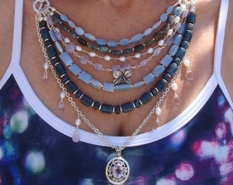 Multi Strand Multi Gemstone Necklace with a Amethyst Plumeria Pendant
