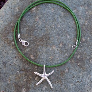 Sterling Silver Starfish Pendant Necklace, Sterling Silver Starfish Pendant on Green Greek Leather Cord