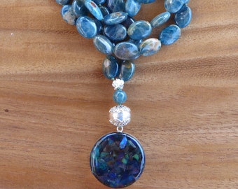 Long Beaded Necklace, 33" Hand Knotted Apatite Necklace, Blue Apatite Necklace, Handmade Opal Chip Pendant