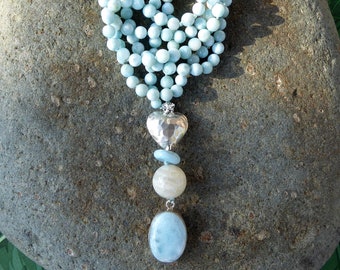 Long Beaded Necklace, Hand Knotted Larimar Necklace, 6mm Larimar Rounds, Larimar Oval Pendant
