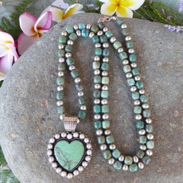 Long 34" Turquoise Necklace, Green Turquoise and Silver Pearls, Hand Knotted Gemstones, Dan Dodson Green Turquoise Pearl Heart Pendant