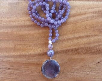 Long Beaded Necklace, 33" Hand Knotted Lepidolite Necklace, 6mm Lavender Lepidolite Rounds, Handmade Botswana Agate Pendant