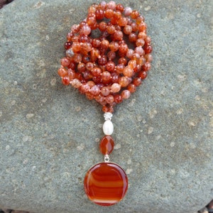 Long Beaded Necklace, 38&quot; Hand Knotted Fire Agate Necklace, 6mm Fire Crackle Agate Rounds, Handmade Banded Agate Pendant