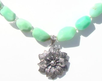 Light Green Opal Gemstone Necklace with a Sterling Flower Pendant