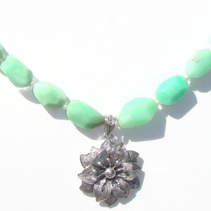 Light Green Opal Necklace with Sterling Flower Pendant