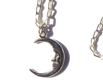 Sterling Silver Man in the Moon Necklace, Moon Pendant Necklace, Sterling Charm Necklace, Crescent Moon Pendant, Sterling Crescent Moon