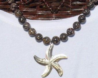 Hand Knotted Leapardskin Jasper Gemstone Necklace with a Black Mother of Pearl Starfish Pendant