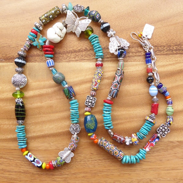 African Trade Bead Butterfly Necklace or Wrap Bracelet, Price Just Reduced!
