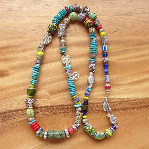 【VINTAGE HOLLYWOOD】Tropical Candy Beads Necklace Vintage Gorgeous Tropical Multi-colored Hand Beaded Necklace