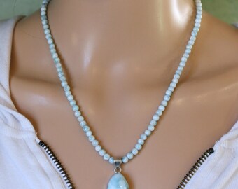Larimar Teardrop Pendant Necklace: Sterling Silver, 4mm Larimar Rounds