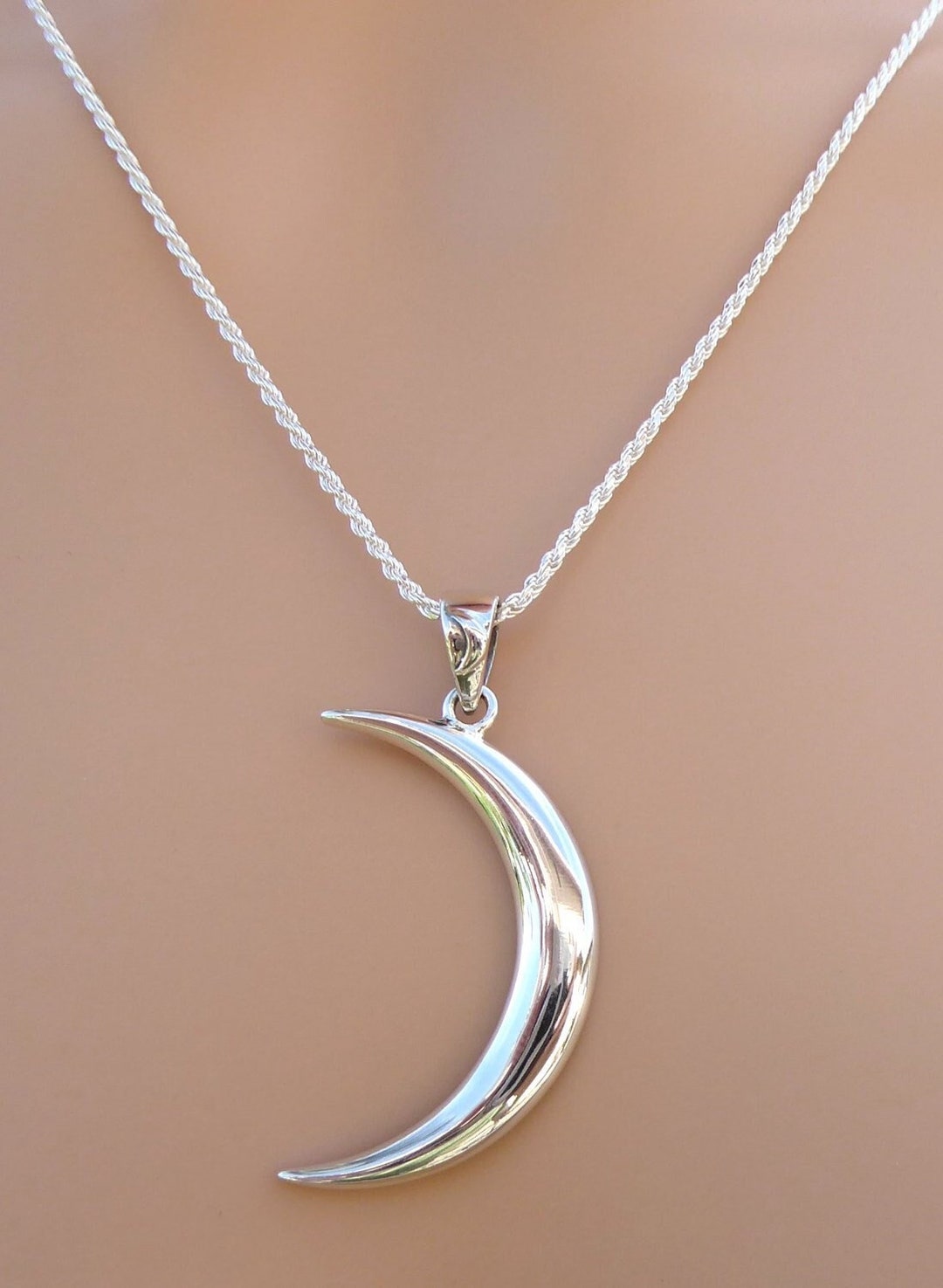 Sterling Crescent Moon Pendant on Sterling Silver Chain - Etsy