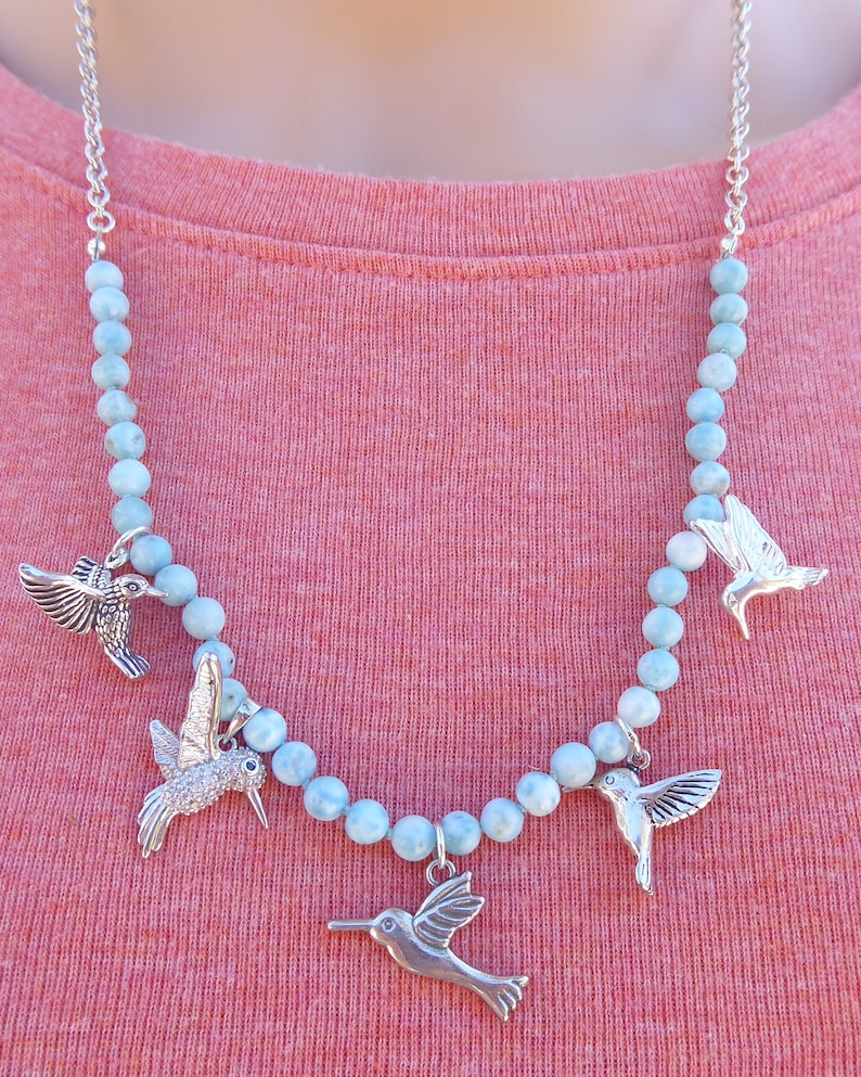 Larimar Hummingbird Necklace with Sterling Hummingbird Charms and Sterling Chain