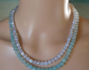 Aqua Chalcedony Beaded Necklace: Sterling Silver Layering Necklace