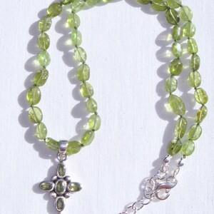 Hand Knotted Peridot Gemstone Necklace with a Sterling Peridot Cross Pendant