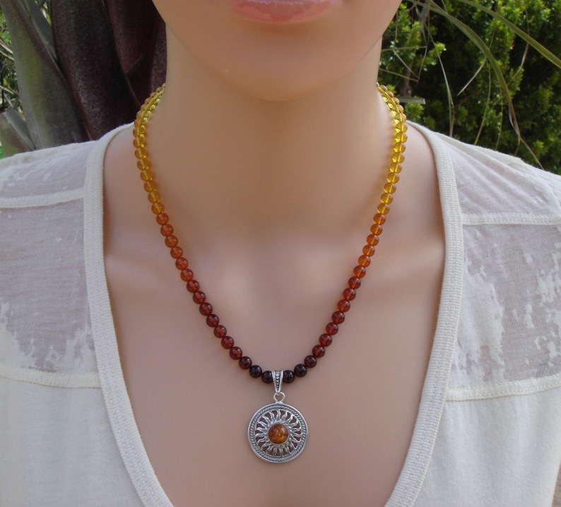 Ombre Baltic Amber Necklace with a Sterling Amber Sun Pendant