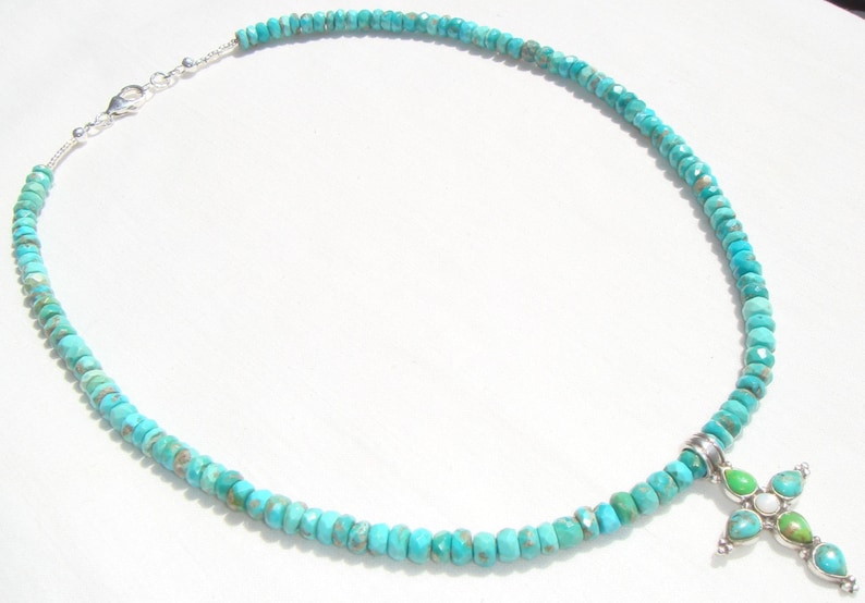 Blue Turquoise Cross Necklace with a Zuni Turquoise Cross Pendant