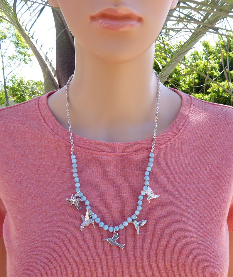 Larimar Hummingbird Necklace with Sterling Hummingbird Charms and Sterling Chain
