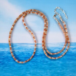 28&quot; Adjustable Long Peach Moonstone Necklace, Micro-faceted Shaded Peach Moonstone Beaded Necklace